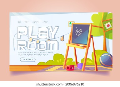 Playroom Banner With Furniture And Toys For Kids. Vector Landing Page, Kindergarten Or Daycare Center With Cartoon Interior Of Empty Nursery Room With Blackboard For Children Drawing, Table And Chair