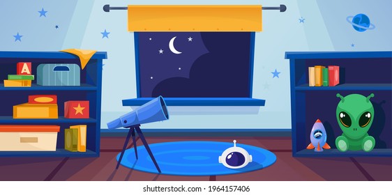 Playroom for a boy in space style interior. With a large telescope for stargazing. Vector design.