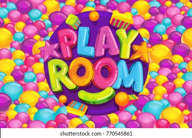 Playroom cartoon kids vector illustration. Color logo on a background of a pool with balls. Toys and games.