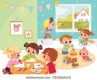 Playroom with children. kids play together having fun, fooling around in fine good mood, on playroom, playground. Preschool kids have fun. Children's activity in the kinder garden, primary school.