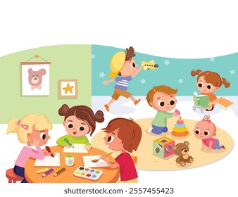 Playroom with children and teacher. kids play together having fun, fooling around in fine good mood, on playroom, playground. Preschool kids have fun. Children's activity in the primary school.