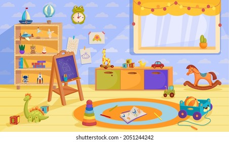 Playroom for children.Kindergarten interior.Chalk board, drawings on the wall, educational games, wardrobe with toys.Cartoon vector graphics.