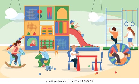 Playroom flat background with group of little kids having fun on indoor playground equipment vector illustration