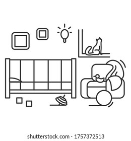 Playroom icon. Children nursery and playroom with armchair, toys and pet cat on window. Concept linear pictogram for modern house interior design and lifestyles. Editable vector illustration.