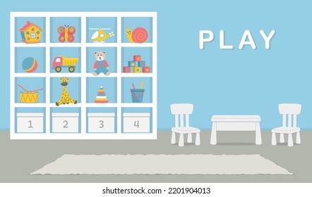 Playroom interior. Kid's room in a blue color. There is a cabinet with toys, a table, two chairs in the picture. Vector illustration