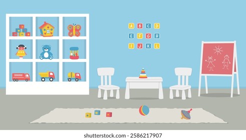 Playroom Interior. Kids' Room in Blue Color. Cabinet with Toys, Blackboard, Table, Two Chairs, Letters Alphabet. Vector Illustration