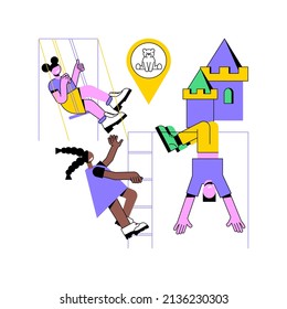 Playroom for kids abstract concept vector illustration. Playing space for kids, indoor playgrounds, all in one children activity, toys and furniture, neutral home playroom decor abstract metaphor.