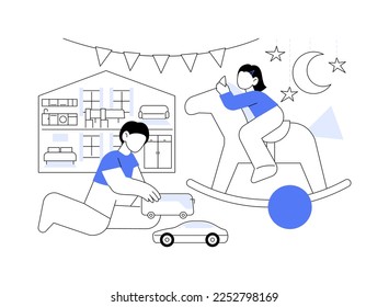 Playroom for kids abstract concept vector illustration. Playing space for kids, indoor playgrounds, all in one children activity, toys and furniture, neutral home playroom decor abstract metaphor.
