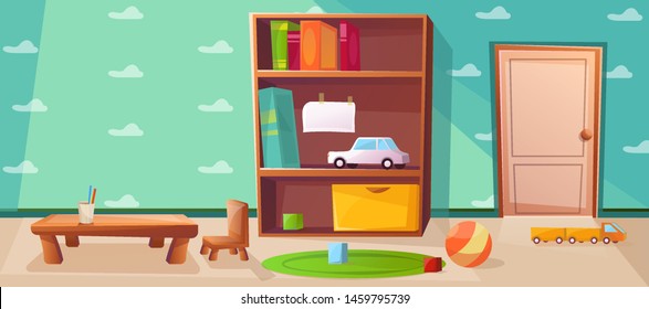 Playroom for kids or children with games, toys. Interior with door and wardrobe. Elementary school class with table for studying. Wallpaper with cloud illustration.