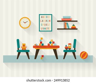 Playroom kids in nursery. Baby room interior. Flat style vector illustration.