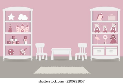 Playroom. Kid's room interior for a baby girl in a pink color. There are wardrobes with toys, a table, two chairs in the picture. Vector illustration