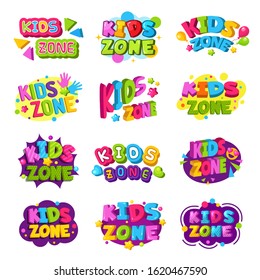 Playroom logo. Kids zone colored funny badges text graphic emblem for game education areas vector set