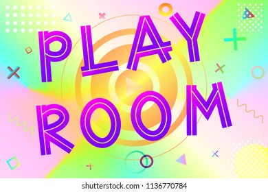playroom text, colorful lettering in modern gradient on bright geometric pattern background, stock vector illustration