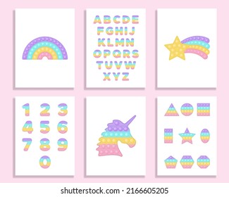 Playroom wall art set pop it fidget toy vector design with alphabet and numbers. Playroom poster preschool education printable banners in pastel popit style. Popit design as a trendy silicone toys.