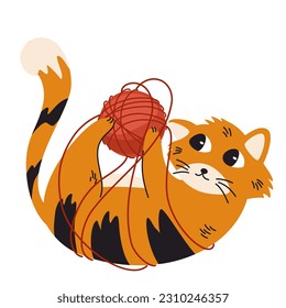 Сat plays with a ball of thread. Happy cute laying on the black cat character with red ball of wool yarn. Funny friendly domestic animal, pet. Vector flat illustration isolated on the white background