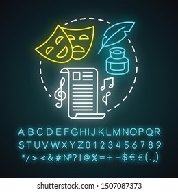 Plays neon light concept icon. Drama theatre & screenplay idea. Theatrical script & musical accompaniment. Glowing sign with alphabet, numbers and symbols. Vector isolated illustration