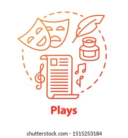 Plays red concept icon. Drama theatre & screenplay idea thin line illustration. Theatrical script & musical accompaniment. Dramatist, scenario. Classic literature. Vector isolated outline drawing