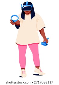 Joga jogo VR usar fones de ouvido VR e joystick. Mulher com óculos VR em realidade aumentada jogando jogo na tela virtual. Entretenimento moderno. Ilustração vetorial