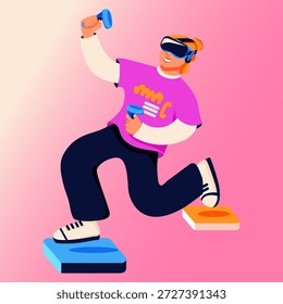 Joga jogo VR usar fones de ouvido VR e joystick. Homem com óculos VR em realidade aumentada jogando jogo na tela virtual. Entretenimento moderno. Ilustração vetorial