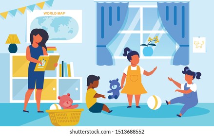Playschool Pupils Pastime Flat Vector Illustration  Little Children  Preschoolers Cartoon Characters  Day Care Center  Kindergarten Leisure  Toddlers Playing Ball  Little Girl Reading Book  Fairy Tale