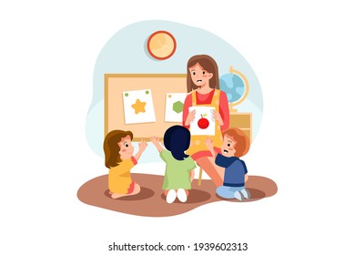 Playschool Teacher Teaching To Kids Vector Illustration concept. Flat illustration isolated on white background. 