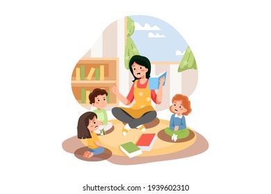 Playschool Teacher Telling Stories From Book To Kids Vector Illustration concept. Flat illustration isolated on white background. 