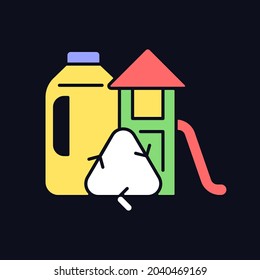 Playsets from plastic milk bottles RGB color icon for dark theme. Sustainable playground for kids. Isolated vector illustration on night mode background. Simple filled line drawing on black