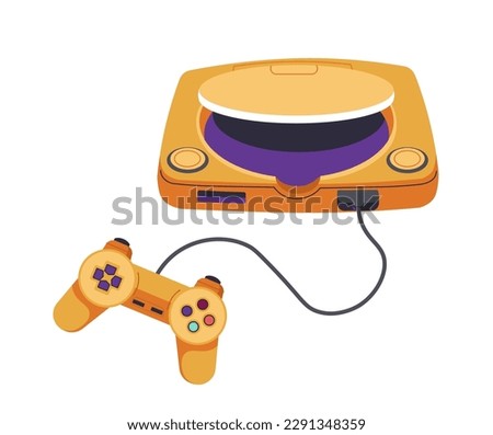 Playstation with discs and joystick on the wire, video game console for playing fun arcades. Entertainment and fun, leisure activities for kids and adults. Gaming gadgets. Vector in flat style