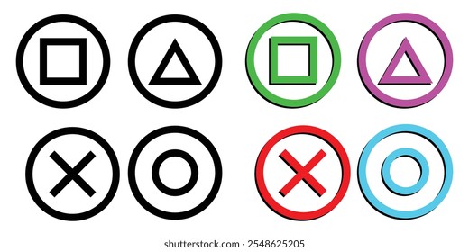 Playstation Icon Game. cruz playstation, triângulo, quadrado, círculo símbolos de jogo de design. Design de ícone de jogo em fundo branco. Ilustração do logotipo para fins comerciais.