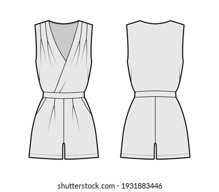 Playsuit romper overall jumpsuit technical fashion illustration with mini length, normal waist, high rise, pockets, single pleat. Flat front back, grey color style. Women, men unisex CAD mockup