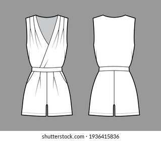Playsuit romper overall jumpsuit technical fashion illustration with mini length, normal waist, high rise, pockets, single pleat. Flat front back, white color style. Women, men unisex CAD mockup