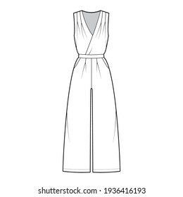 Playsuit romper overall jumpsuit technical fashion illustration with full length, normal waist, high rise, pockets, single pleat. Flat front, white color style. Women, men unisex CAD mockup