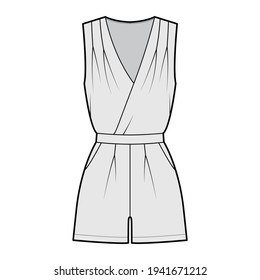 Playsuit romper overall jumpsuit technical fashion illustration with mini length, normal waist, high rise, pockets, single pleat. Flat front, grey color style. Women, men unisex CAD mockup