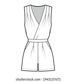 Playsuit romper overall jumpsuit technical fashion illustration with mini length, normal waist, high rise, pockets, single pleat. Flat front, white, color style. Women, men unisex CAD mockup