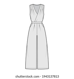 Playsuit romper overall jumpsuit technical fashion illustration with full length, normal waist, high rise, pockets, single pleat. Flat front, grey color style. Women, men unisex CAD mockup