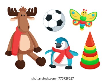 Playthings for kids from Santa Claus created at factory, reindeer with scarf, penguin and flying butterfly, ball and cone vector illustration