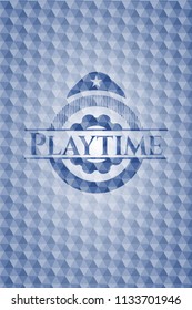 Playtime blue badge with geometric background.