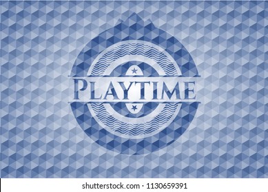 Playtime blue badge with geometric pattern.