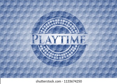Playtime blue emblem with geometric background.