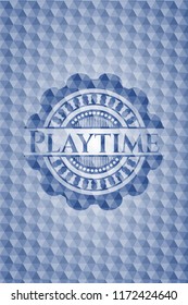 Playtime blue emblem with geometric pattern.