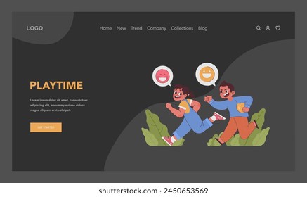 Playtime concept. Energetic kids racing outdoors, expressing happiness with smiley faces, embracing childhood moments. Playing together with friends, having fun. Flat vector illustration