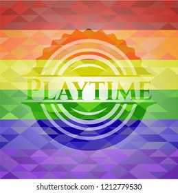 Playtime emblem on mosaic background with the colors of the LGBT flag