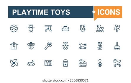 Playtime Toys icons in linear style. Includes icons for balloon, robot, bicycle, bear, symbol, icon, duck, art. Minimalistic web and UI icons. Vector line and solid icons.