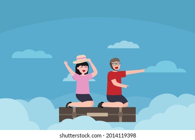 Playtime vector concept: Cute children flying on the suitcase while pretending fly together on the sky