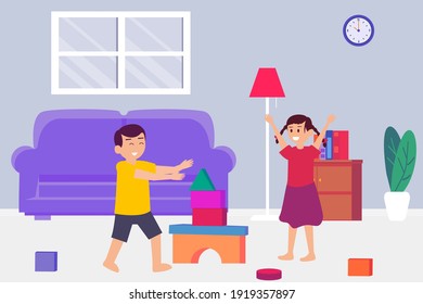 Playtime vector concept: Little girl and little boy playing blocks together while playing at home 