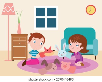 Playtime vector concept. Two little kids playing hand puppets while enjoying leisure time at home