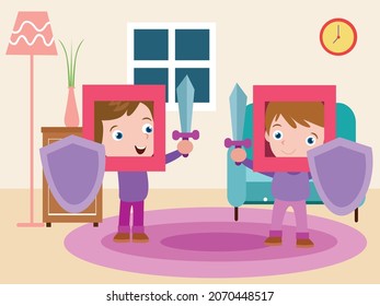 Playtime Vector Concept. Two Little Kids Playing War Games While Holding Swords And Shield At Home