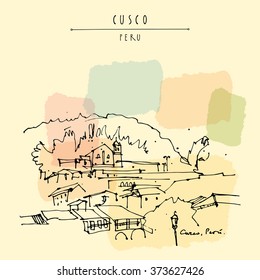 Plaza de Armas in Cusco, Peru. Old town center. Beautiful Inca capital and Spanish city in Andes mountains. Vintage artistic hand drawn postcard, poster template, book illustration in vector