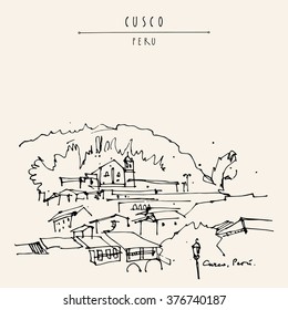 Plaza de Armas in Cusco, Peru. Old town center. Beautiful Inca capital and Spanish city in Andes mountains. Vintage artistic hand drawn postcard, poster template, book illustration in vector