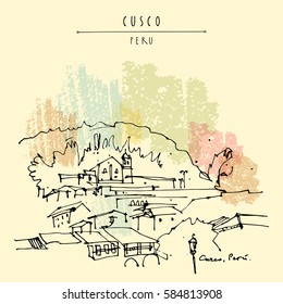 Plaza de Armas in Cusco, Peru. Old town center. Beautiful Inca capital and Spanish city in Andes mountains. Vintage artistic hand drawn postcard, poster template, book illustration in vector